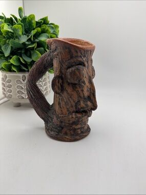 Vintage Tiki Face Mug Primitive Ceramic Wood Grain Style Sculpted Mug Cup